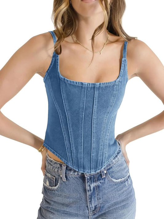 Womens Sleeveless Denim Vest Crop Tank Tops Spaghetti Straps Slim Fit Summer Cami Top